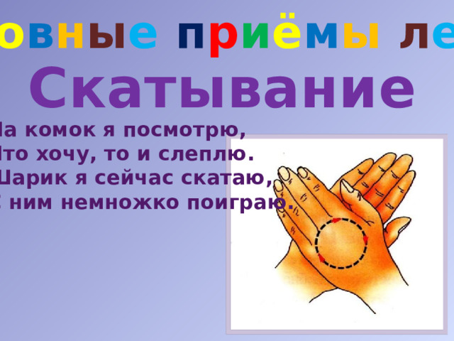 О с н о в н ы е п р и ё м ы  л е п к и Скатывание На комок я посмотрю, Что хочу, то и слеплю. Шарик я сейчас скатаю, С ним немножко поиграю. 