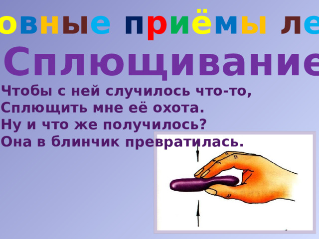 О с н о в н ы е п р и ё м ы  л е п к и Сплющивание Чтобы с ней случилось что-то, Сплющить мне её охота. Ну и что же получилось? Она в блинчик превратилась. 