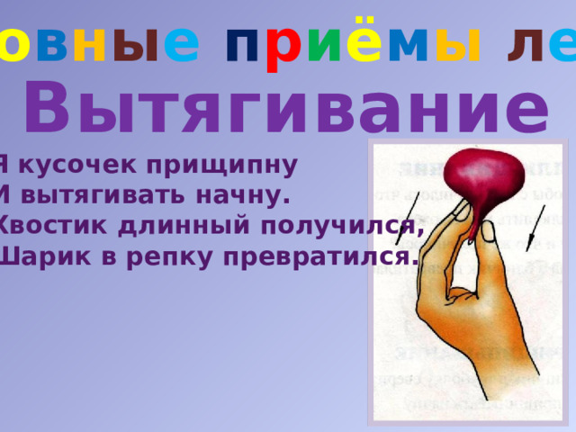 О с н о в н ы е п р и ё м ы  л е п к и Вытягивание Я кусочек прищипну И вытягивать начну. Хвостик длинный получился, Шарик в репку превратился. 
