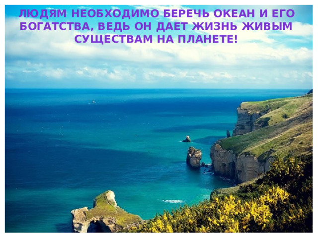 Людям необходимо беречь океан и его богатства, ведь он дает жизнь живым существам на планете! 