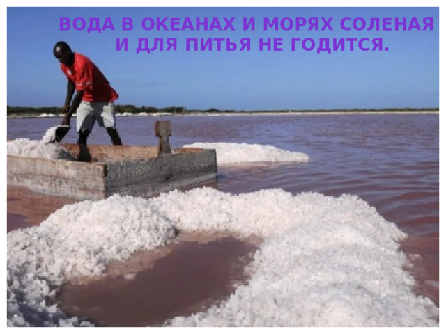 Вода в океанах и морях соленая и для питья не годится. 