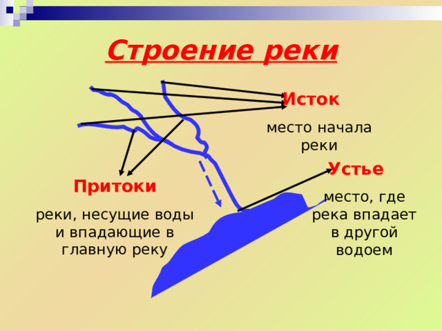 Река  Река  – это природный водный поток, текущий в выработанном углублении, которое называется руслом реки.  Если плыть по течению реки, то справа будет правый берег, а слева — левый. 