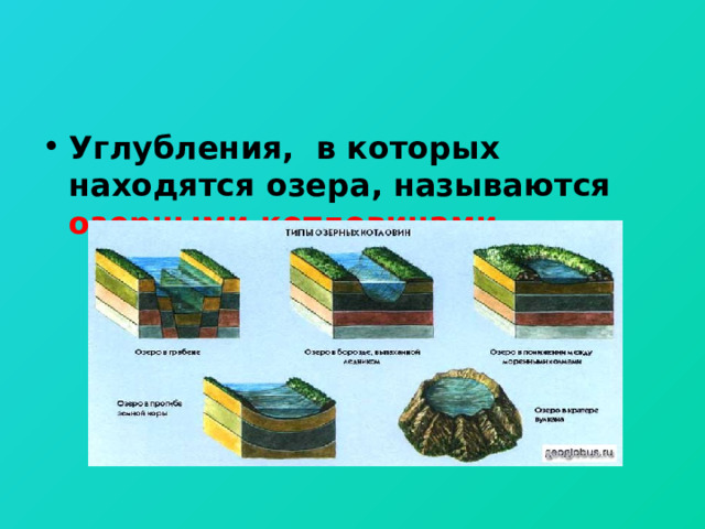 Углубления, в которых находятся озера, называются  озерными котловинами.  