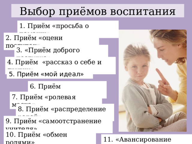 Выбор приёмов воспитания 1. Приём «просьба о помощи». 2. Приём «оцени поступок». 3. «Приём доброго поступка». 4. Приём «рассказ о себе и других». 5. Приём «мой идеал» 6. Приём сказкотерапии . 7. Приём «ролевая маска». 8. Приём «распределение ролей». 9. Приём «самоотстранение учителя» 10. Приём «обмен ролями» 11. «Авансирование личности» 