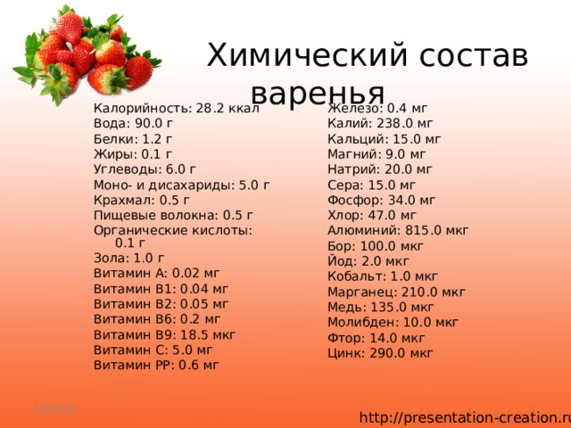   Химический состав варенья Калорийность: 28.2 ккал Вода: 90.0 г Белки: 1.2 г Жиры: 0.1 г Углеводы: 6.0 г Моно- и дисахариды: 5.0 г Крахмал: 0.5 г Пищевые волокна: 0.5 г Органические кислоты: 0.1 г Зола: 1.0 г Витамин A: 0.02 мг Витамин B1: 0.04 мг Витамин B2: 0.05 мг Витамин B6: 0.2 мг Витамин B9: 18.5 мкг Витамин C: 5.0 мг Витамин PP: 0.6 мг Железо: 0.4 мг Калий: 238.0 мг Кальций: 15.0 мг Магний: 9.0 мг Натрий: 20.0 мг Сера: 15.0 мг Фосфор: 34.0 мг Хлор: 47.0 мг Алюминий: 815.0 мкг Бор: 100.0 мкг Йод: 2.0 мкг Кобальт: 1.0 мкг Марганец: 210.0 мкг Медь: 135.0 мкг Молибден: 10.0 мкг Фтор: 14.0 мкг Цинк: 290.0 мкг 11/27/21 
