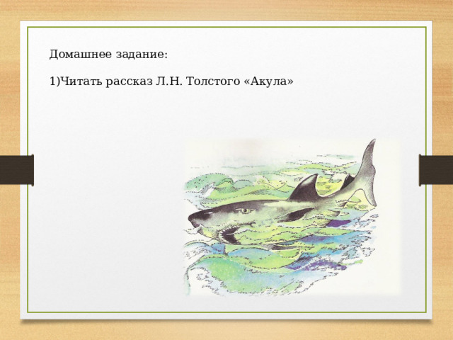 Домашнее задание: Читать рассказ Л.Н. Толстого «Акула» 