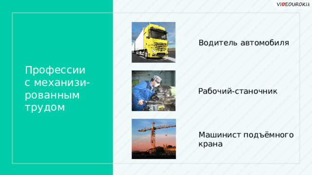 Водитель автомобиля Профессии  с механизи-рованным трудом Рабочий-станочник Машинист подъёмного крана  