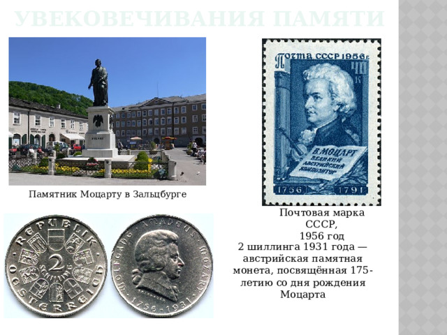Увековечивания памяти Памятник Моцарту в Зальцбурге Почтовая марка СССР, 1956 год 2 шиллинга 1931 года — австрийская памятная монета, посвящённая 175-летию со дня рождения Моцарта 