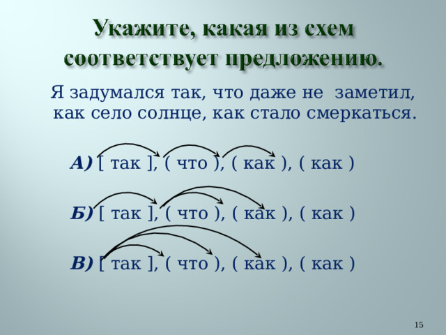  Я задумался так, что даже не заметил, как село солнце, как стало смеркаться.   А) [ так ] , ( что ), ( как ), ( как )   Б) [ так ] , ( что ), ( как ), ( как )   В) [ так ] , ( что ), ( как ), ( как )  
