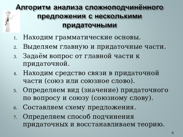 Находим грамматические основы. Выделяем главную и придаточные части. Задаём вопрос от главной части к придаточной. Находим средство связи в придаточной части (союз или союзное слово). Определяем вид (значение) придаточного по вопросу и союзу (союзному слову). Составляем схему предложения. Определяем способ подчинения придаточных и восстанавливаем теорию.  