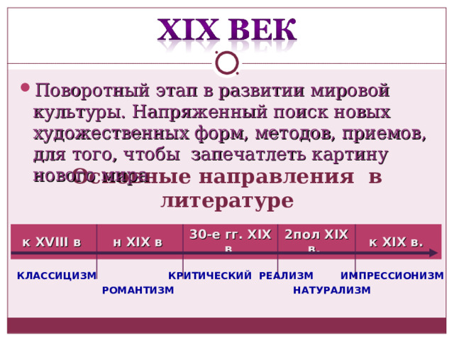 Поворотный этап в развитии мировой культуры. Напряженный поиск новых художественных форм, методов, приемов, для того, чтобы запечатлеть картину нового мира Основные направления в литературе к XVIII в н XIX в 30-е гг. XIX в 2пол XIX в. к XIX в. КЛАССИЦИЗМ КРИТИЧЕСКИЙ РЕАЛИЗМ ИМПРЕССИОНИЗМ  РОМАНТИЗМ НАТУРАЛИЗМ 
