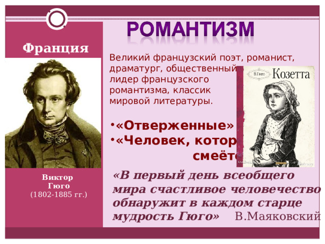 Франция Великий французский поэт, романист, драматург, общественный деятель, лидер французского романтизма, классик мировой литературы. «Отверженные» «Человек, который  смеётся»  «В первый день всеобщего мира счастливое человечество обнаружит в каждом старце мудрость Гюго»  В.Маяковский Виктор Гюго (1802-1885 г г.) 