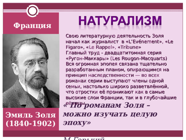 Франция Свою литературную деятельность Золя начал как журналист в «L’Evénement», «Le Figaro», «Le Rappel», «Tribune» Главный труд - двадцатитомная серия «Ругон-Маккары» (Les Rougon-Macquarts) Вся огромная эпопея связана тщательно разработанным планом, опирающимся на принцип наследственности — во всех романах серии выступают члены одной семьи, настолько широко разветвлённой, что отростки её проникают как в самые высокие слои Франции, так и в глубочайшие её низы. « По романам Золя – можно изучать целую эпоху»   М.Горький Эмиль Золя (1840-1902) 
