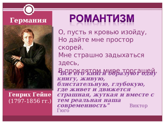 Германия О, пусть я кровью изойду, Но дайте мне простор скорей. Мне страшно задыхаться здесь, В проклятом мире торгашей. 