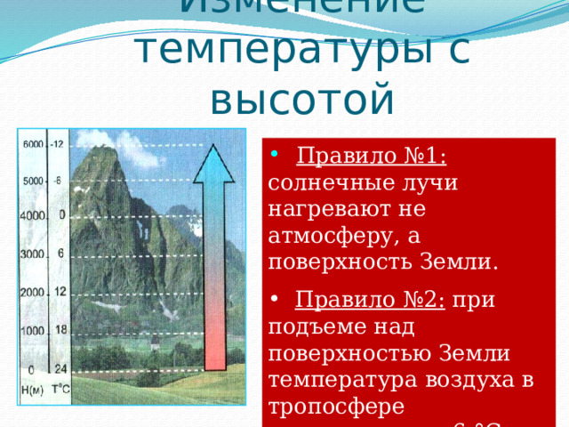 Изменение температуры с высотой  Правило №1: солнечные лучи нагревают не атмосферу, а поверхность Земли.  Правило №2: при подъеме над поверхностью Земли температура воздуха в тропосфере понижается на 6 °С на каждом километре подъема. 