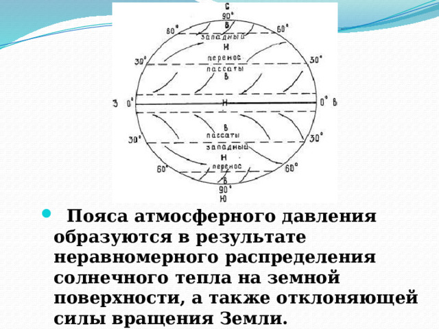     Пояса атмосферного давления образуются в результате неравномерного распределения солнечного тепла на земной поверхности, а также отклоняющей силы вращения Земли. 
