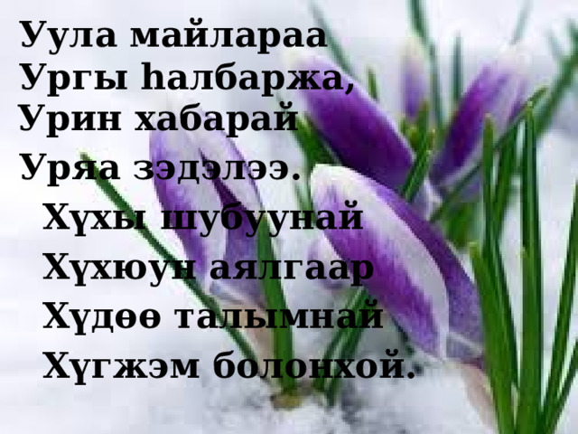  Уула майлараа  Ургы һалбаржа,  Урин хабарай  Уряа зэдэлээ.  Хүхы шубуунай  Хүхюун аялгаар  Хүдөө талымнай  Хүгжэм болонхой. 