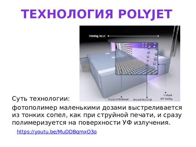 Технология Polyjet Суть технологии: фотополимер маленькими дозами выстреливается из тонких сопел, как при струйной печати, и сразу полимеризуется на поверхности УФ излучения. https:// youtu.be/MuDDBqmxO3o 