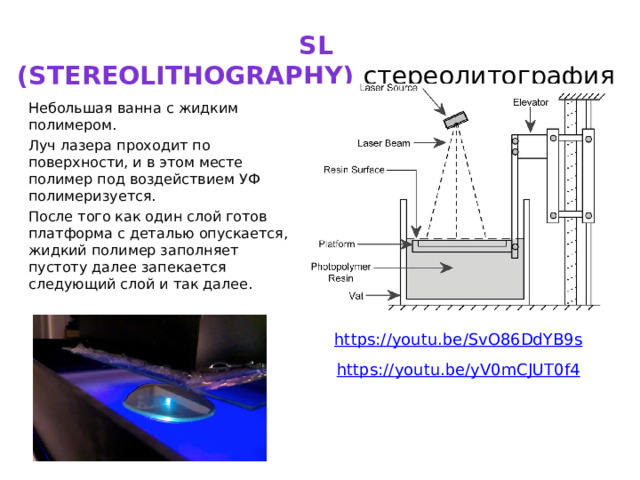 SL (Stereolithography)   стереолитография Небольшая ванна с жидким полимером. Луч лазера проходит по поверхности, и в этом месте полимер под воздействием УФ полимеризуется. После того как один слой готов платформа с деталью опускается, жидкий полимер заполняет пустоту далее запекается следующий слой и так далее. https:// youtu.be/SvO86DdYB9s https:// youtu.be/yV0mCJUT0f4 