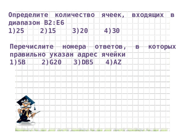 Определите количество ячеек, входящих в диапазон B2:E6 1)25 2)15 3)20 4)30 Перечислите номера ответов, в которых правильно указан адрес ячейки 1)5В 2)G20 3)DB5 4)AZ 