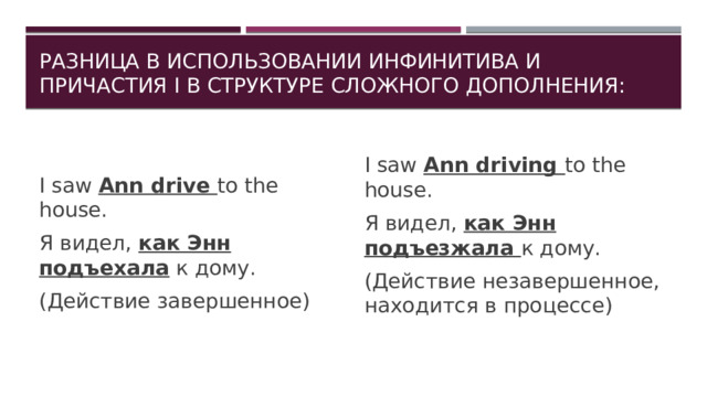 Разница в использовании инфинитива и причастия I в структуре сложного дополнения: I saw Ann driving to the house. Я видел, как Энн подъезжала к дому. (Действие незавершенное, находится в процессе) I saw Ann drive to the house. Я видел, как Энн подъехала к дому. (Действие завершенное) 