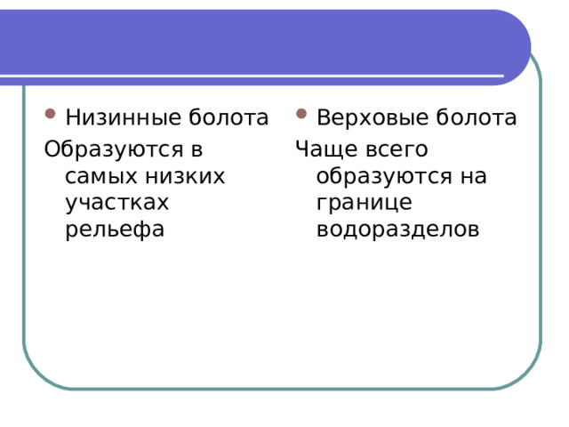 Низинные болота Верховые болота Образуются в самых низких участках рельефа Чаще всего образуются на границе водоразделов 