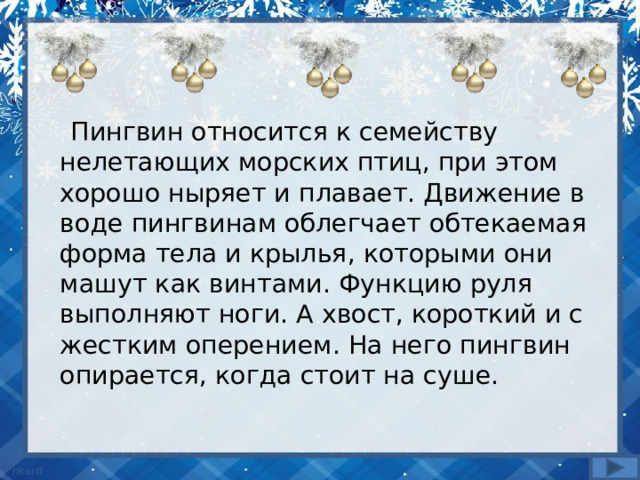  Пингвин относится к семейству нелетающих морских птиц, при этом хорошо ныряет и плавает. Движение в воде пингвинам облегчает обтекаемая форма тела и крылья, которыми они машут как винтами. Функцию руля выполняют ноги. А хвост, короткий и с жестким оперением. На него пингвин опирается, когда стоит на суше.   