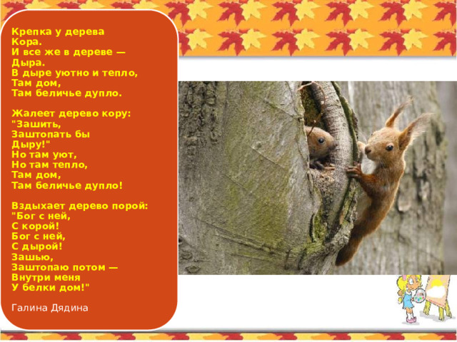 Крепка у дерева  Кора.  И все же в дереве —  Дыра.  В дыре уютно и тепло,  Там дом,  Там беличье дупло.   Жалеет дерево кору:  