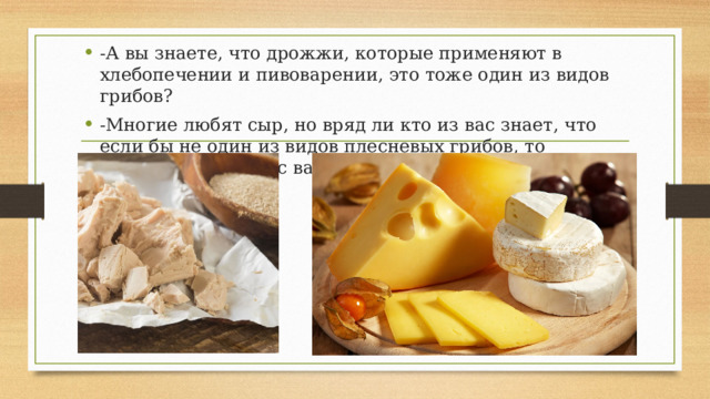-А вы знаете, что дрожжи, которые применяют в хлебопечении и пивоварении, это тоже один из видов грибов? -Многие любят сыр, но вряд ли кто из вас знает, что если бы не один из видов плесневых грибов, то никакого сыра мы с вами не получили бы. 