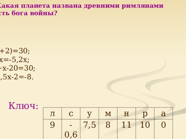 № 4. Какая планета названа древними римлянами  в честь бога войны?   3(х+2)=30; 7,8х=-5,2х; 4х+х-20=30; 4*2,5х-2=-8.  Ключ: л 9 с у -0,6 м 7,5 н 8 11 р а 10 0  