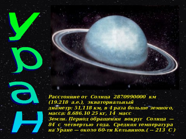 Расстояние от  Солнца  2870990000  км  (19.218  а.е.),  экваториальный  диаметр: 51,118 км, в 4 раза больше земного, масса: 8.686.10 25 кг, 14  масс  Земли. Период обращения  вокруг  Солнца  —  84  с  четвертью  года.  Средняя температура на Уране — около 60-ти Кельвинов. ( -- 213 C )   