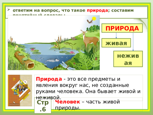 ответим на вопрос, что такое природа ; составим понятийный словарь; ПРИРОДА живая неживая Природа - это все предметы и явления вокруг нас, не созданные руками человека. Она бывает живой и неживой. Стр.6 Человек – часть живой природы. 