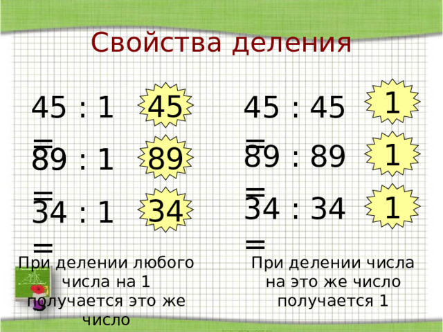 Свойства деления 1 45 45 : 1 = 45 : 45 = 1 89 89 : 89 = 89 : 1 = 89 : 1 = 1 34 34 : 34 = 34 : 1 = При делении любого числа на 1 получается это же число При делении числа на это же число получается 1 