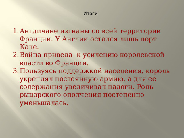Итоги Англичане изгнаны со всей территории Франции. У Англии остался лишь порт Кале. Война привела  к усилению королевской власти во Франции. Пользуясь поддержкой населения, король укреплял постоянную армию, а для ее содержания увеличивал налоги. Роль рыцарского ополчения постепенно уменьшалась.       