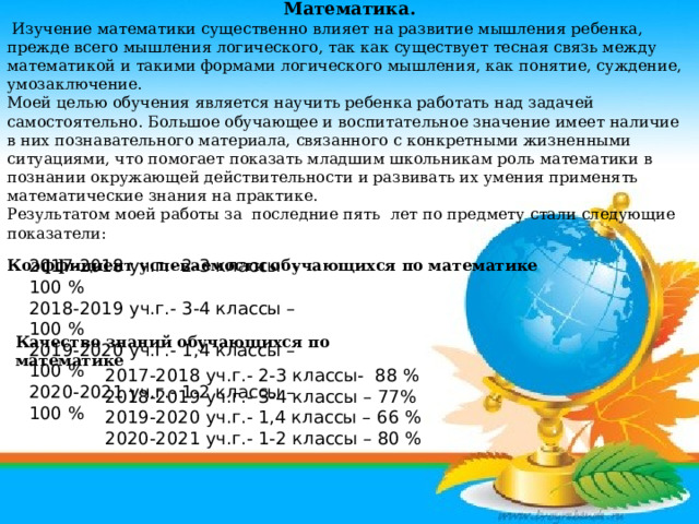   Математика.  Изучение математики существенно влияет на развитие мышления ребенка, прежде всего мышления логического, так как существует тесная связь между математикой и такими формами логического мышления, как понятие, суждение, умозаключение. Моей целью обучения является научить ребенка работать над задачей самостоятельно. Большое обучающее и воспитательное значение имеет наличие в них познавательного материала, связанного с конкретными жизненными ситуациями, что помогает показать младшим школьникам роль математики в познании окружающей действительности и развивать их умения применять математические знания на практике. Результатом моей работы за последние пять лет по предмету стали следующие показатели:  Коэффициент успеваемости обучающихся по математике 2017-2018 уч.г.- 2-3 классы - 100 % 2018-2019 уч.г.- 3-4 классы – 100 % 2019-2020 уч.г.- 1,4 классы – 100 % 2020-2021 уч.г.- 1-2 классы – 100 %   Качество знаний обучающихся по математике 2017-2018 уч.г.- 2-3 классы- 88 % 2018-2019 уч.г.- 3-4 классы – 77% 2019-2020 уч.г.- 1,4 классы – 66 % 2020-2021 уч.г.- 1-2 классы – 80 % 