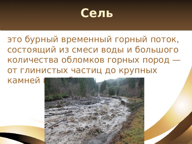 Сель это бурный временный горный поток, состоящий из смеси воды и большого количества обломков горных пород — от глинистых частиц до крупных камней и глыб. 