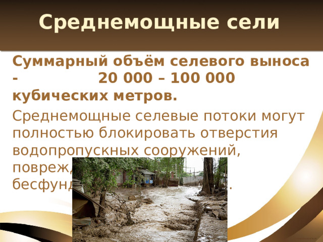 Среднемощные сели Суммарный объём селевого выноса - 20 000 – 100 000 кубических метров. Среднемощные селевые потоки могут полностью блокировать отверстия водопропускных сооружений, повреждать и сносить бесфундаментные строения. 