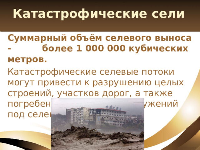 Катастрофические сели Суммарный объём селевого выноса - более 1 000 000 кубических метров. Катастрофические селевые потоки могут привести к разрушению целых строений, участков дорог, а также погребению различных сооружений под селевыми наносами. 