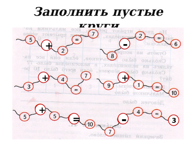 Заполнить пустые круги - + + + + - = 3 