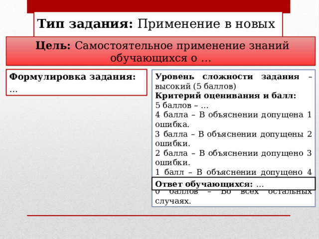 Тип задания: Применение в новых условиях  Цель: Самостоятельное применение знаний обучающихся о … Формулировка задания: … Уровень сложности задания – высокий (5 баллов) Критерий оценивания и балл: 5 баллов – … 4 балла – В объяснении допущена 1 ошибка. 3 балла – В объяснении допущены 2 ошибки. 2 балла – В объяснении допущено 3 ошибки. 1 балл – В объяснении допущено 4 ошибки. 0 баллов – Во всех остальных случаях. Ответ обучающихся: … 