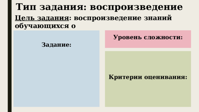 Тип задания: воспроизведение Цель задания : воспроизведение знаний обучающихся о Уровень сложности: Задание:        Критерии оценивания: 