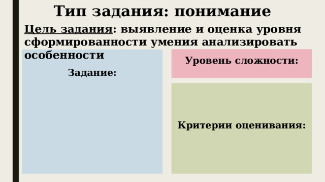 Тип задания: понимание Цель задания : выявление и оценка уровня сформированности умения анализировать особенности Уровень сложности: Задание:        Критерии оценивания: 