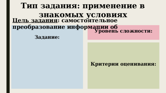 Тип задания: применение в знакомых условиях Цель задания : самостоятельное преобразование информации об Уровень сложности: Задание:        Критерии оценивания: 