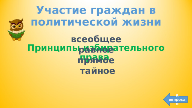 Участие граждан в политической жизни всеобщее равное прямое тайное Принципы избирательного права К вопросам 