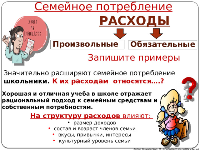 Семейное потребление РАСХОДЫ Произвольные Обязательные Запишите примеры Значительно расширяют семейное потребление школьники. К их расходам относятся….? Хорошая и отличная учеба в школе отражает рациональный подход к семейным средствам и собственным потребностям. На структуру расходов влияют: размер доходов состав и возраст членов семьи вкусы, привычки, интересы культурный уровень семьи Автор: Михайлова Н.М.- преподаватель МАОУ «Лицей № 21» 
