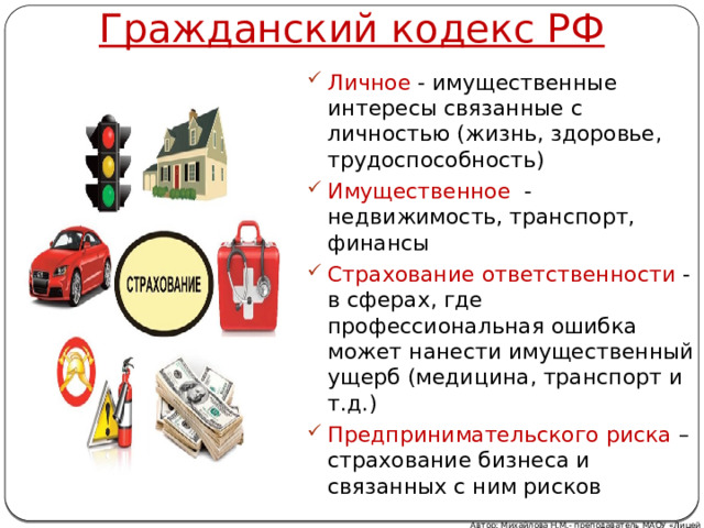 Гражданский кодекс РФ Личное - имущественные интересы связанные с личностью (жизнь, здоровье, трудоспособность) Имущественное - недвижимость, транспорт, финансы Страхование ответственности - в сферах, где профессиональная ошибка может нанести имущественный ущерб (медицина, транспорт и т.д.) Предпринимательского риска – страхование бизнеса и связанных с ним рисков Автор: Михайлова Н.М.- преподаватель МАОУ «Лицей № 21» 
