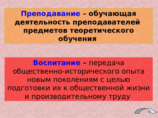 Преподавание – обучающая деятельность преподавателей предметов теоретического обучения  Воспитание – передача общественно-исторического опыта новым поколениям с целью подготовки их к общественной жизни и производительному труду 