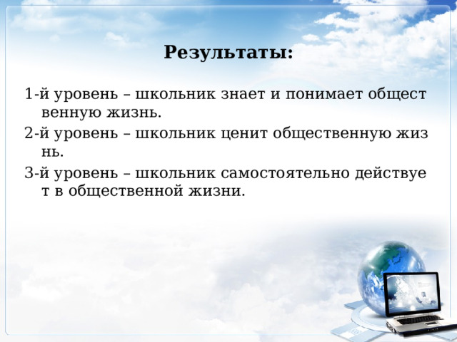 Результаты: 1-й уровень – школьник знает и понимает общественную жизнь. 2-й уровень – школьник ценит общественную жизнь. 3-й уровень – школьник самостоятельно действует в общественной жизни. 