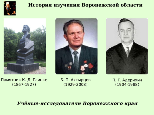 История изучения Воронежской области Памятник К. Д. Глинке Б. П. Ахтырцев (1867-1927) (1929-2008) П. Г. Адерихин (1904-1988) Учёные-исследователи Воронежского края 