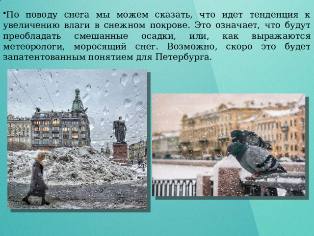 По поводу снега мы можем сказать, что идет тенденция к увеличению влаги в снежном покрове. Это означает, что будут преобладать смешанные осадки, или, как выражаются метеорологи, моросящий снег. Возможно, скоро это будет запатентованным понятием для Петербурга. 